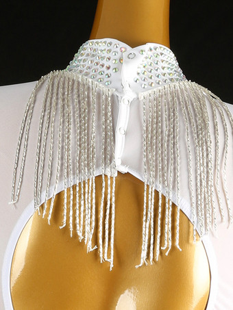 社交ダンス衣装 ホワイト レディース セクシー スタンドカラー ライクラ スパンデックス ドレス フリンジ ダンスドレス