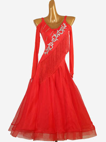 レッド社交ダンス衣装 Ture レッド レディース ライクラ スパンデックス ドレス フリンジ ダンスドレス