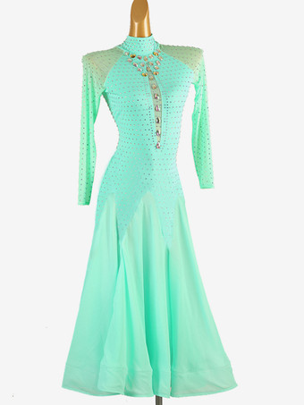 ミントグリーン社交ダンス衣装 ミントグリーン レディース ライクラ スパンデックス セットドレス ラインストーン ダンスドレス