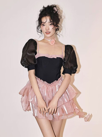 スイートロリータ衣装 ピンクのティアードリボン ノースリーブジャンプスーツ