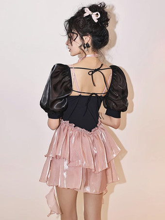 スイートロリータ衣装 ピンクのティアードリボン ノースリーブジャンプスーツ