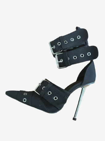 ブラック レディース バックル ハイヒール ポインテッドトゥ アンクルストラップ パンプス