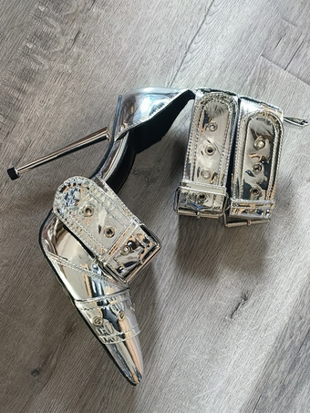 レディース バックル ハイヒール ポインテッドトゥ アンクルストラップ パンプス