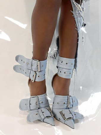 レディース バックル ハイヒール ポインテッドトゥ アンクルストラップ パンプス