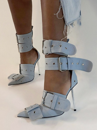 ライトスカイブルーレディース バックル ハイヒール ポインテッドトゥ アンクルストラップ パンプス