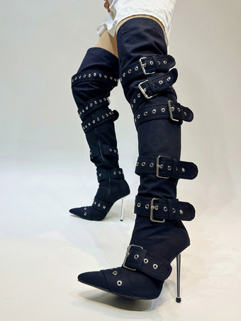 ブラック シルバーバックルオーバーニーブーツ ポインテッドトゥ ハイヒール サイハイブーツ