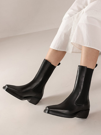 ブラック レディース チェルシーブーツ スクエアトゥ パピーヒール アンクルブーツ