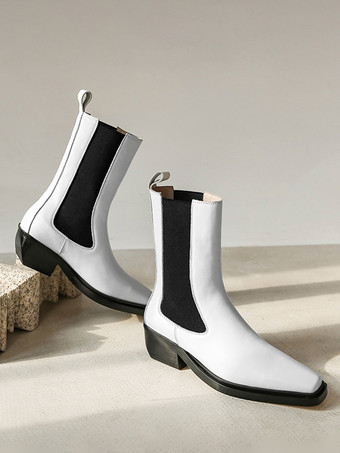 ホワイト レディース チェルシーブーツ スクエアトゥ パピーヒール アンクルブーツ