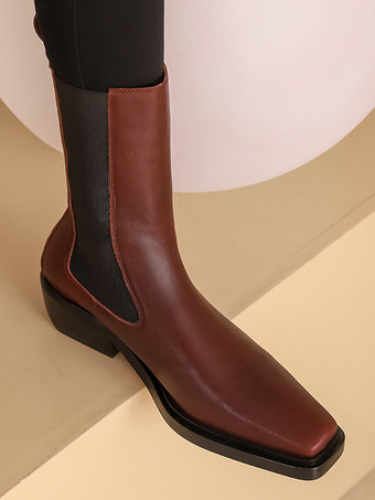 レディース チェルシーブーツ スクエアトゥ パピーヒール アンクルブーツ