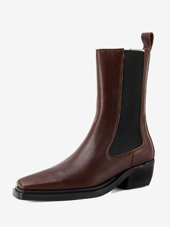 ディープブラウンレディース チェルシーブーツ スクエアトゥ パピーヒール アンクルブーツ