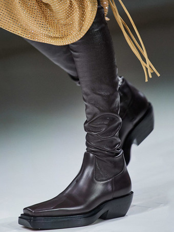 オーバーニーブーツ スクエアトゥ パピーヒール 伸縮性のあるサイハイブーツ