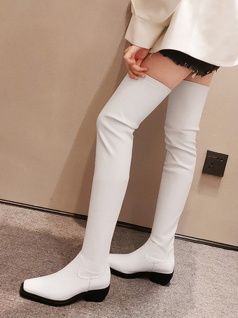 オーバーニーブーツ スクエアトゥ パピーヒール 伸縮性のあるサイハイブーツ