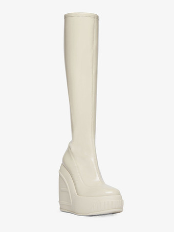 ニーハイウェッジブーツ 伸縮性のあるラウンドトゥの膝丈ブーツ