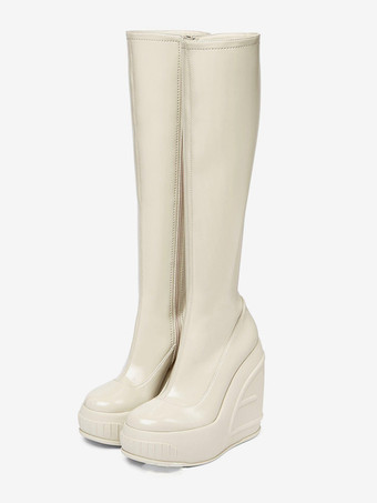 ホワイト ニーハイウェッジブーツ 伸縮性のあるラウンドトゥの膝丈ブーツ