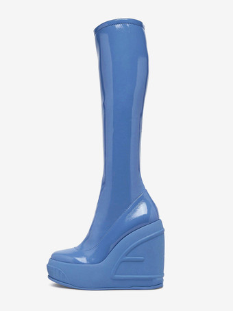ライトスカイブルーニーハイウェッジブーツ 伸縮性のあるラウンドトゥの膝丈ブーツ