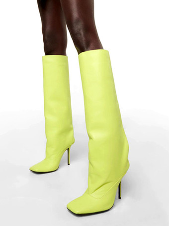 ライトグリーン ニーハイブーツ スクエアトゥ ハイヒール 膝丈ブーツ