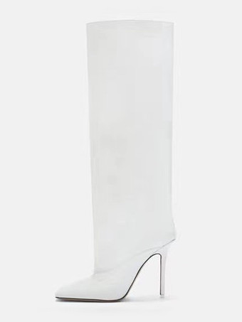 ホワイト ニーハイブーツ スクエアトゥ ハイヒール 膝丈ブーツ