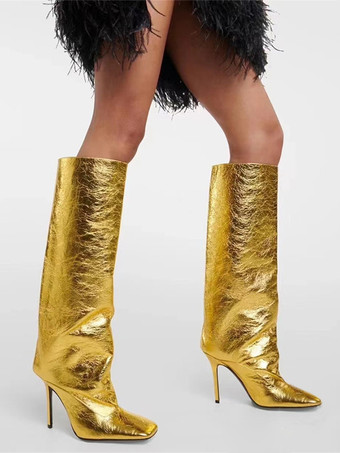 ニーハイブーツ スクエアトゥ ハイヒール 膝丈ブーツ