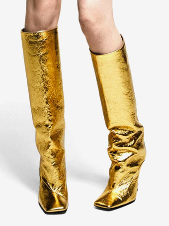 ゴールド ニーハイブーツ スクエアトゥ ハイヒール 膝丈ブーツ