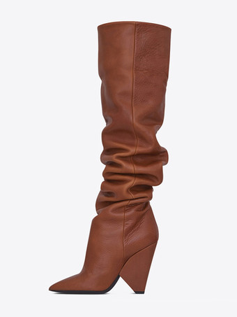 ブラウン レディース スラウチブーツ ニーハイ ポインテッドトゥ デザインヒールブーツ