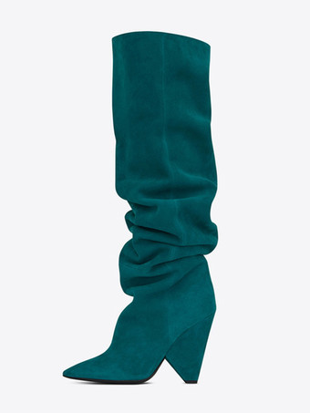 ティールグリーンレディース スラウチブーツ ニーハイ ポインテッドトゥ デザインヒールブーツ
