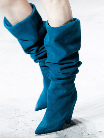 レディース スラウチブーツ ニーハイ ポインテッドトゥ デザインヒールブーツ