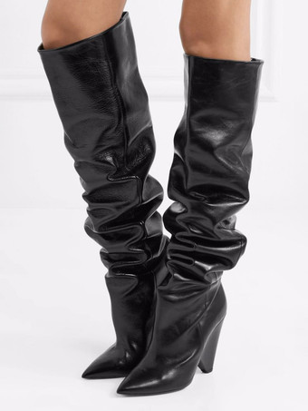 レディース スラウチブーツ ニーハイ ポインテッドトゥ デザインヒールブーツ