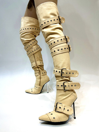アプリコットシルバーバックルオーバーニーブーツ ポインテッドトゥ ハイヒール サイハイブーツ