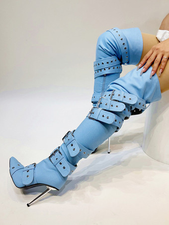 ライトスカイブルーシルバーバックルオーバーニーブーツ ポインテッドトゥ ハイヒール サイハイブーツ