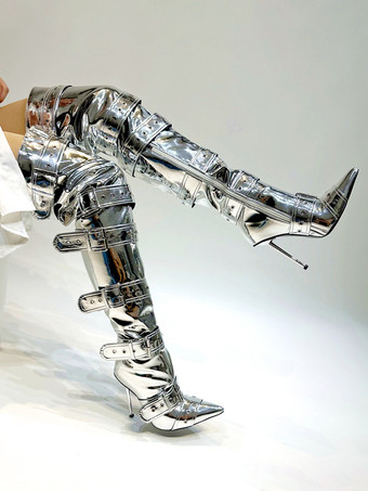 シルバーバックルオーバーニーブーツ ポインテッドトゥ ハイヒール サイハイブーツ