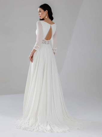 ボヘミアン ウェディングドレス シフォン スプリットフロント Aライン トレーン付き ナチュラルウエスト バックレス 7分袖 Vネック アイボリー