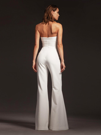 ブライダルジャンプスーツ サテン生地 プリーツ フロアレングス ジャンプスーツ スウィートハートネック ノースリーブ ナチュラルウエスト アイボリー