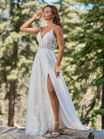 ウェディングドレス Vネック ノースリーブ トレーン付き チュール ブライダルドレス