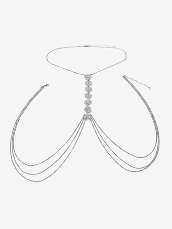 シルバー ボディチェーン レイヤード サンフラワー ビキニ ビーチ チェストチェーン