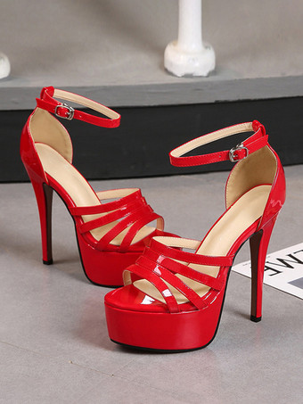 レッド レディースヒールサンダル プラットフォーム PUレザーサンダル