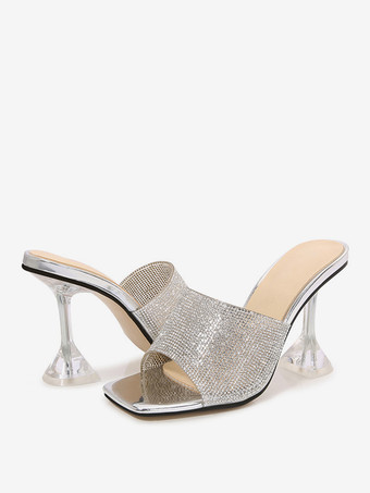 Silbrig Damen Sandalen mit Strasssteinen Peep Toe PVC-Oberteil ausgestellter Absatz Weiß