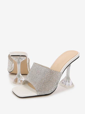 WeißDamen Sandalen mit Strasssteinen Peep Toe PVC-Oberteil ausgestellter Absatz Weiß