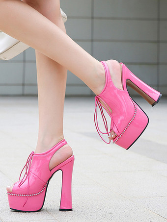 ローズレッドレディース ヒールサンダル ピープトゥサンダル プラットフォーム PUレザー