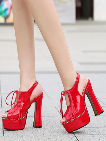 レッド レディース ヒールサンダル ピープトゥサンダル プラットフォーム PUレザー