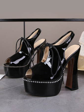 ブラック レディース ヒールサンダル ピープトゥサンダル プラットフォーム PUレザー