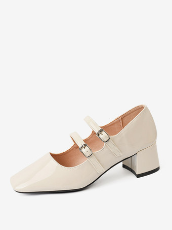 レディース ミッドローヒール チャンキーヒール PUレザーパンプス