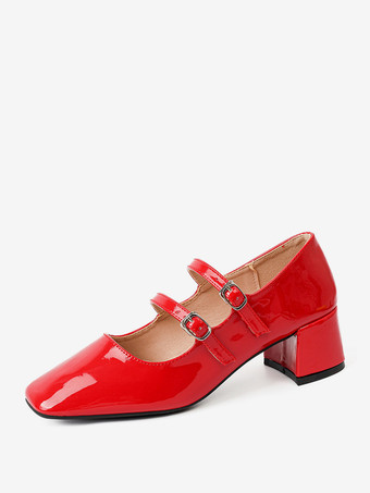 レッド レディース ミッドローヒール チャンキーヒール PUレザーパンプス