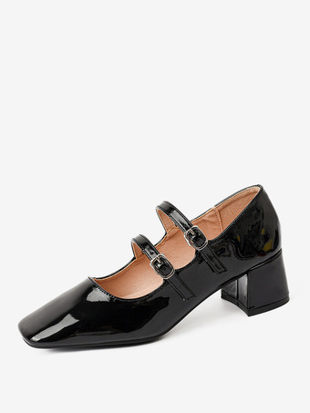ブラック レディース ミッドローヒール チャンキーヒール PUレザーパンプス