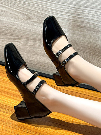 レディース ミッドローヒール チャンキーヒール PUレザーパンプス