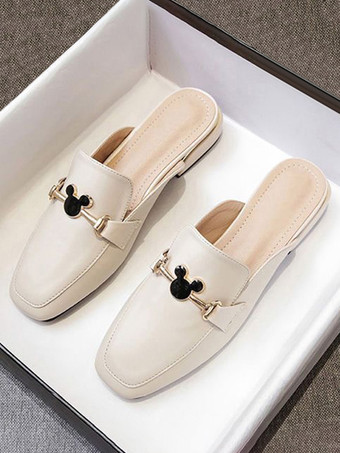 アプリコットフラットサンダル フラットスクエアトゥ PUレザースライド カジュアルスリッパサンダル