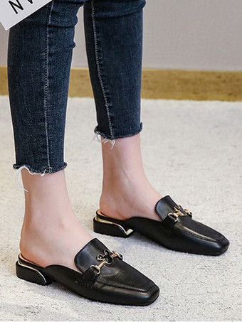 フラットサンダル フラットスクエアトゥ PUレザースライド カジュアルスリッパサンダル