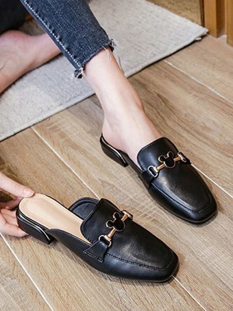 フラットサンダル フラットスクエアトゥ PUレザースライド カジュアルスリッパサンダル