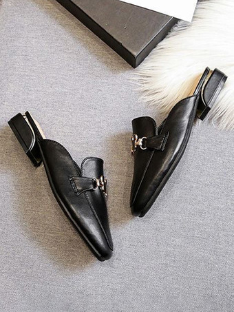 フラットサンダル フラットスクエアトゥ PUレザースライド カジュアルスリッパサンダル