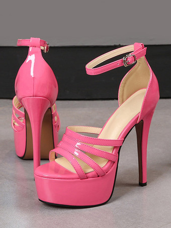 ローズレッドレディースヒールサンダル プラットフォーム PUレザーサンダル