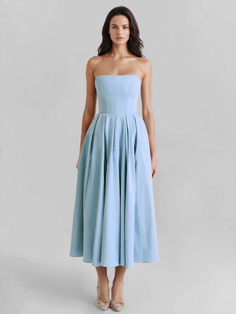 ライトスカイブルーパーティードレス オフショルダー バックレス Aライン エレガント ミディドレス